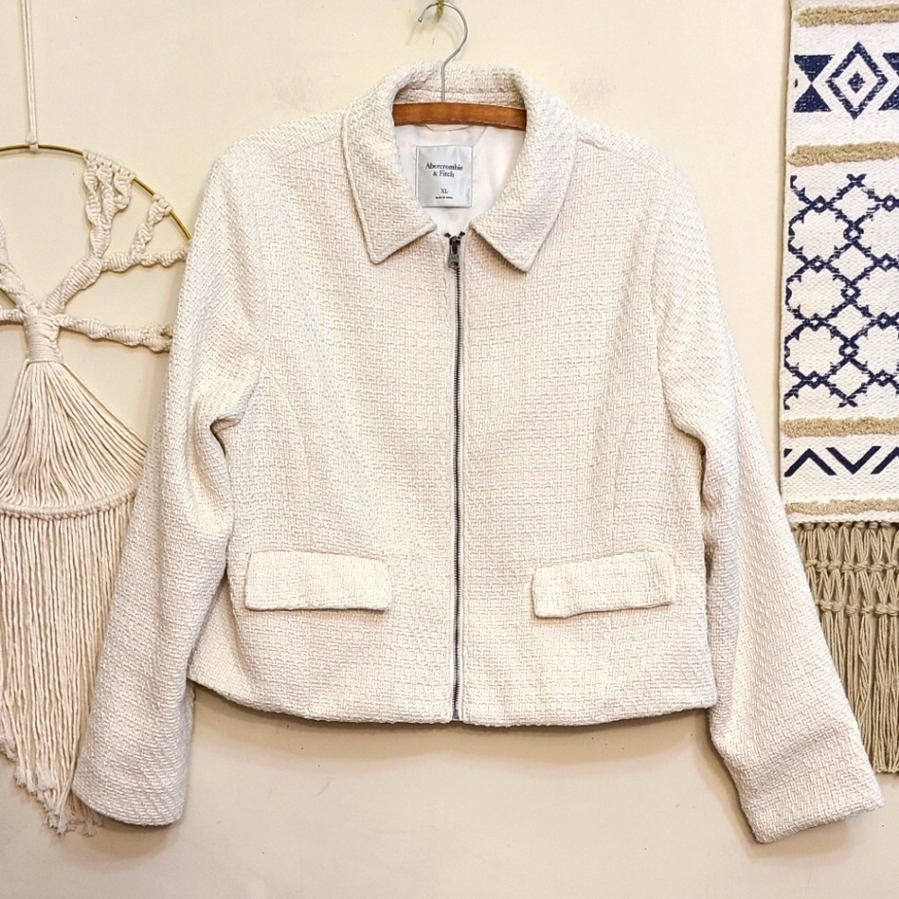 Abercrombie & Fitch Tweed Crop Jacket In Cream Size XL - Picture 3 of 8